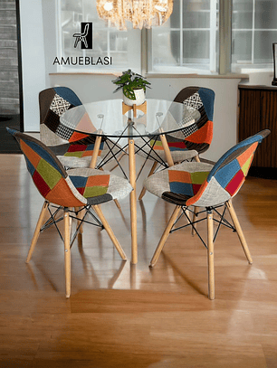 Comedor Mesa Redonda Vidrio Eames + Sillas Patchwork