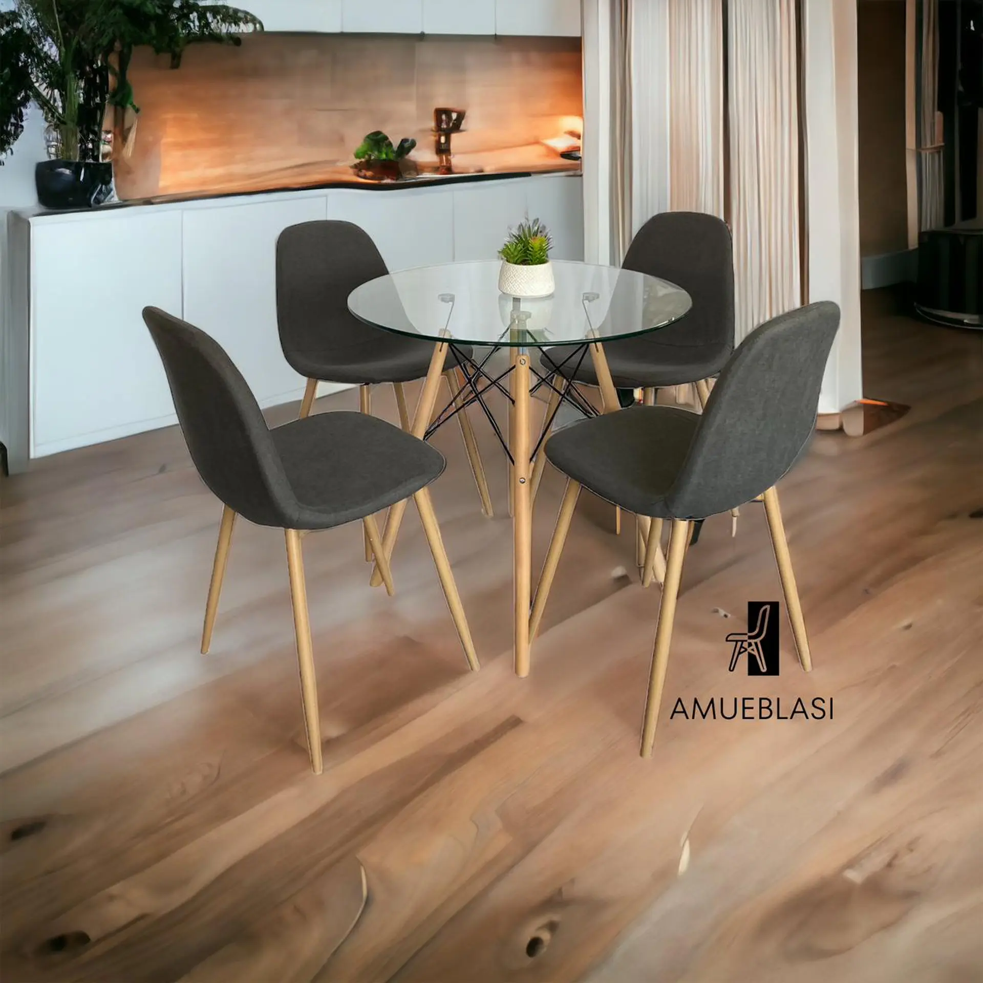 Comedor Redondo Vidrio Eames con Sillas Scoop 1