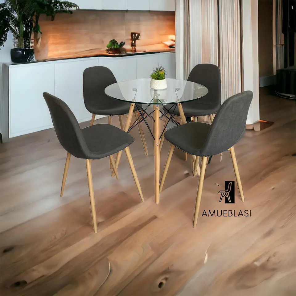 Comedor Redondo Vidrio Eames con Sillas Scoop 1