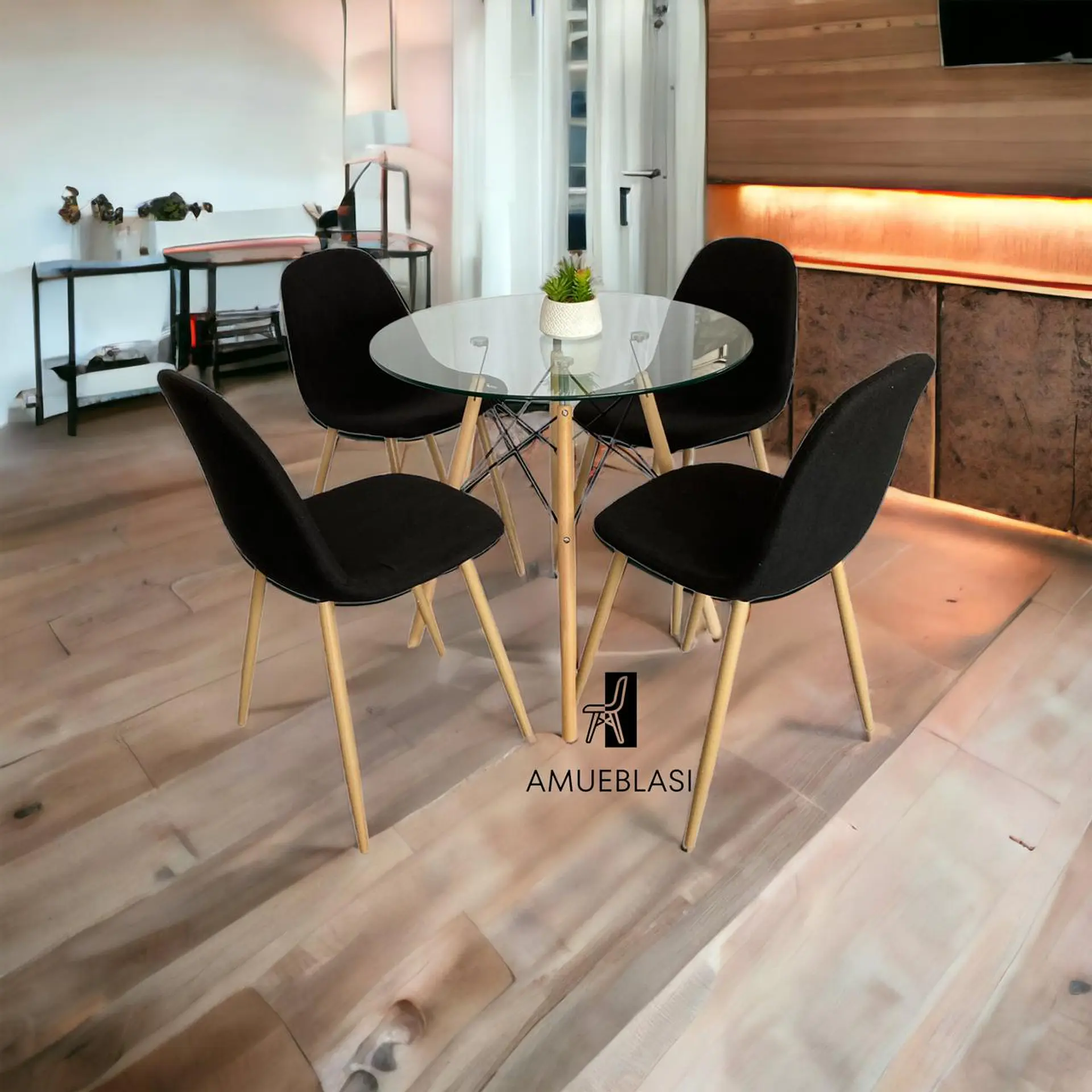 Comedor Redondo Vidrio Eames con Sillas Scoop 2