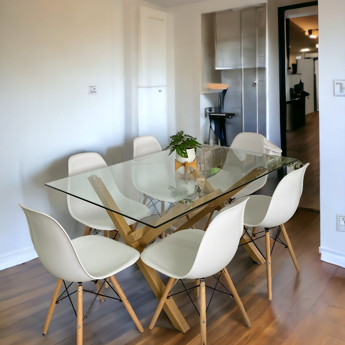 Comedor Mesa Rectangular Vidrio Elite 140x90 cm + Sillas Eames 2