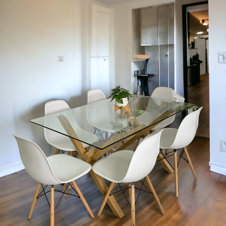 Comedor Mesa Rectangular Vidrio Elite 140x90 cm + Sillas Eames 2