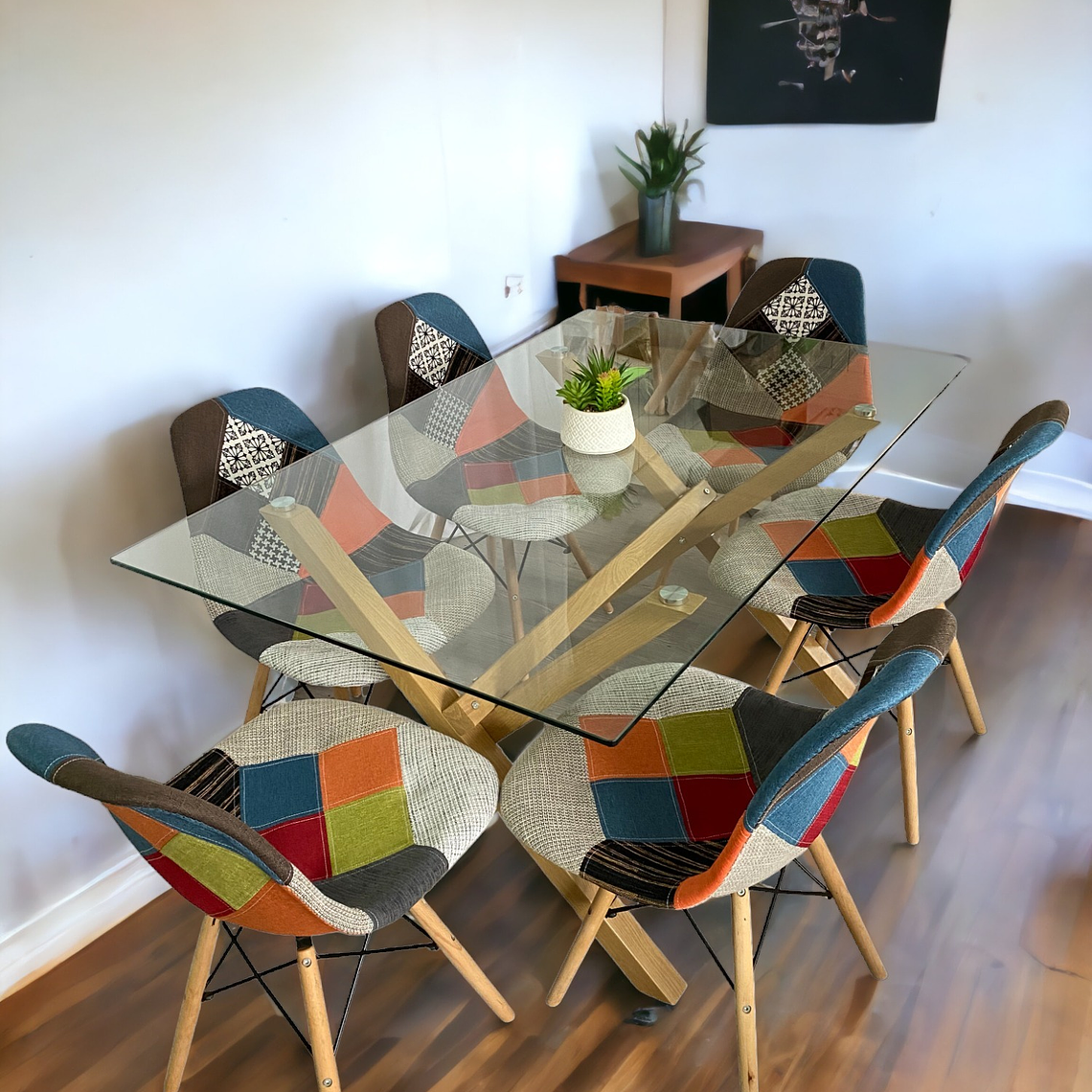 Comedor Mesa Rectangular Vidrio Elite 140x90 cm + Sillas Patchwork 2