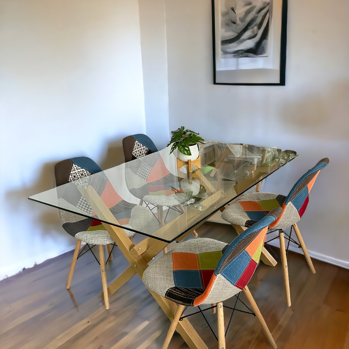 Comedor Mesa Rectangular Vidrio Elite 140x90 cm + Sillas Patchwork 1