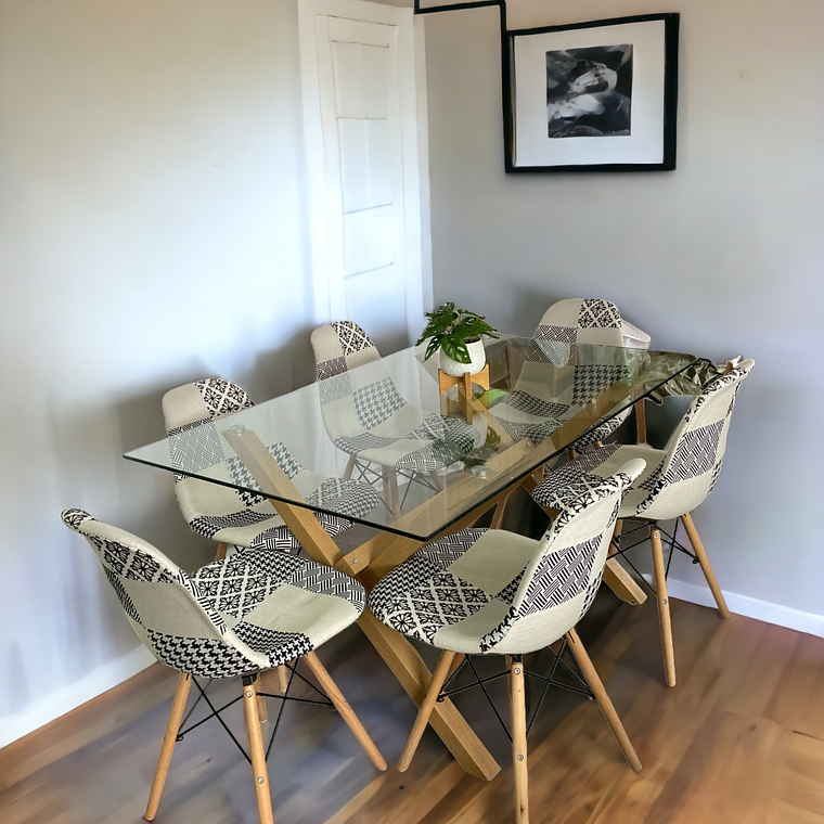 Comedor Mesa Rectangular Vidrio Elite 140x90 cm + Sillas Patchwork 4