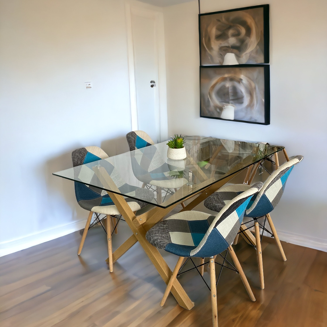 Comedor Mesa Rectangular Vidrio Elite 140x90 cm + Sillas Patchwork 5