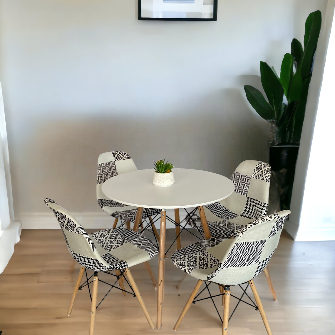 Comedor Mesa Redonda Melamina Eames Blanca + Sillas Patchwork 2