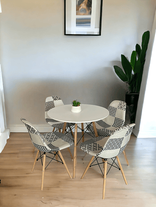 Comedor Mesa Redonda Melamina Eames Blanca + Sillas Patchwork