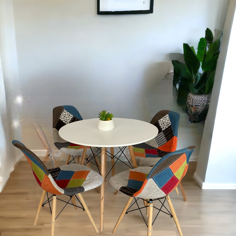 Comedor Mesa Redonda Melamina Eames Blanca + Sillas Patchwork 1