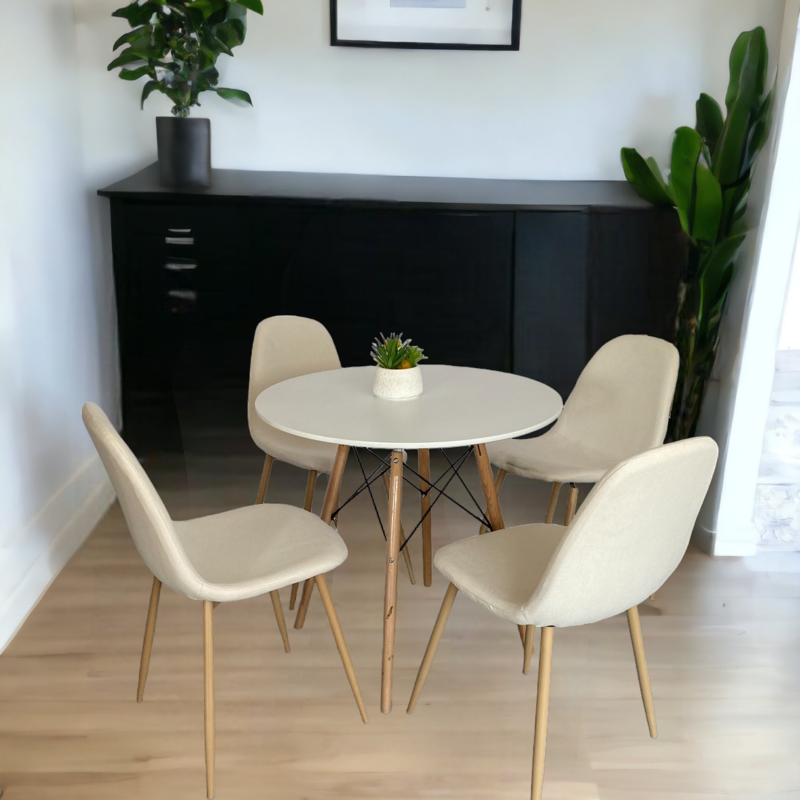 Comedor Mesa Redonda Melamina Eames Blanca + Sillas Scoop 2