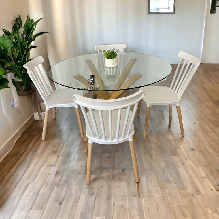 Comedor Mesa Redonda Vidrio Madrid + Sillas Windsor 5