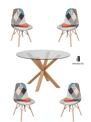Comedor Mesa Redonda Vidrio Madrid + Sillas Patchwork