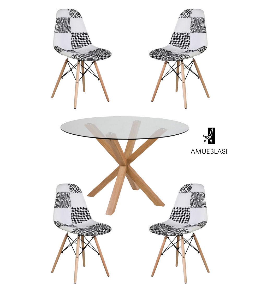 Comedor Mesa Redonda Vidrio Madrid + Sillas Patchwork