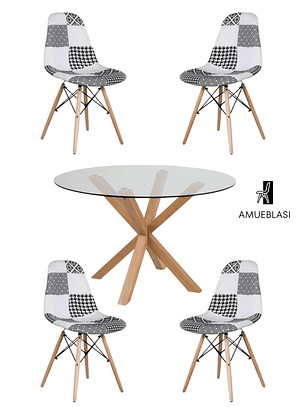 Comedor Mesa Redonda Vidrio Madrid + Sillas Patchwork