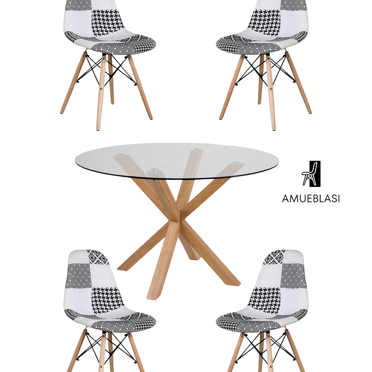 Comedor Mesa Redonda Vidrio Madrid + Sillas Patchwork 2