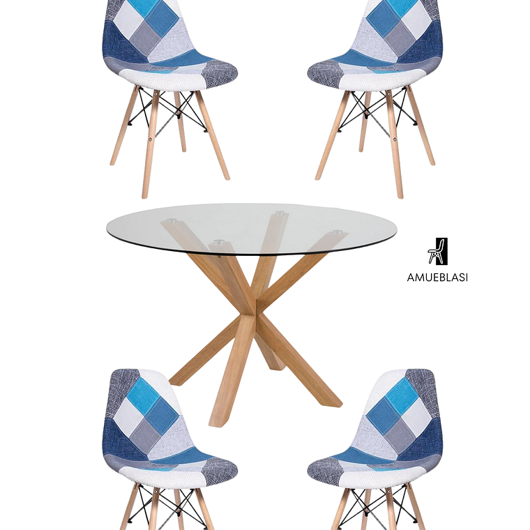 Comedor Mesa Redonda Vidrio Madrid + Sillas Patchwork 3