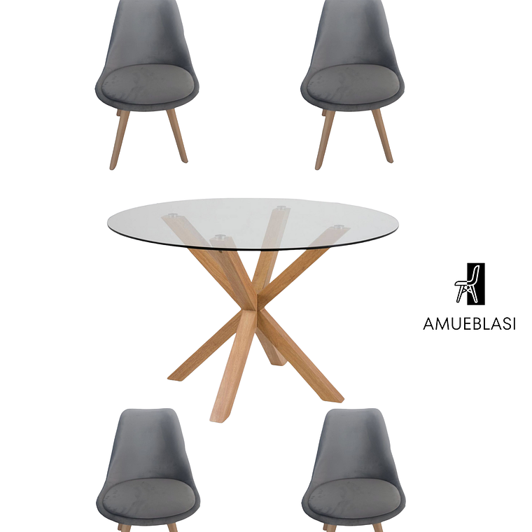 Comedor Mesa Redonda Vidrio Madrid + Sillas Tulip Velvet 2