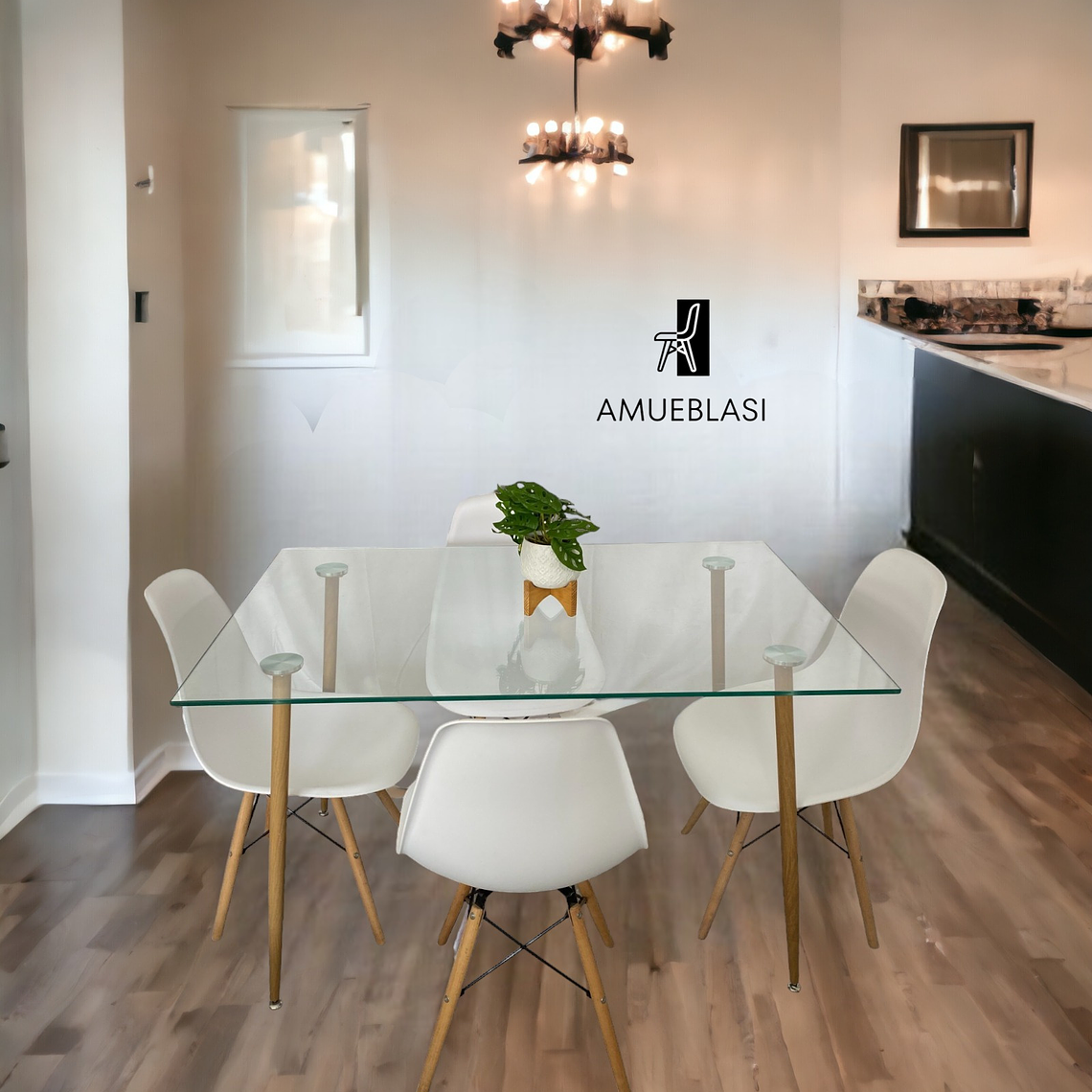 Comedor Mesa Rectangular Vidrio Paris 120x80 cm + Sillas Eames 2