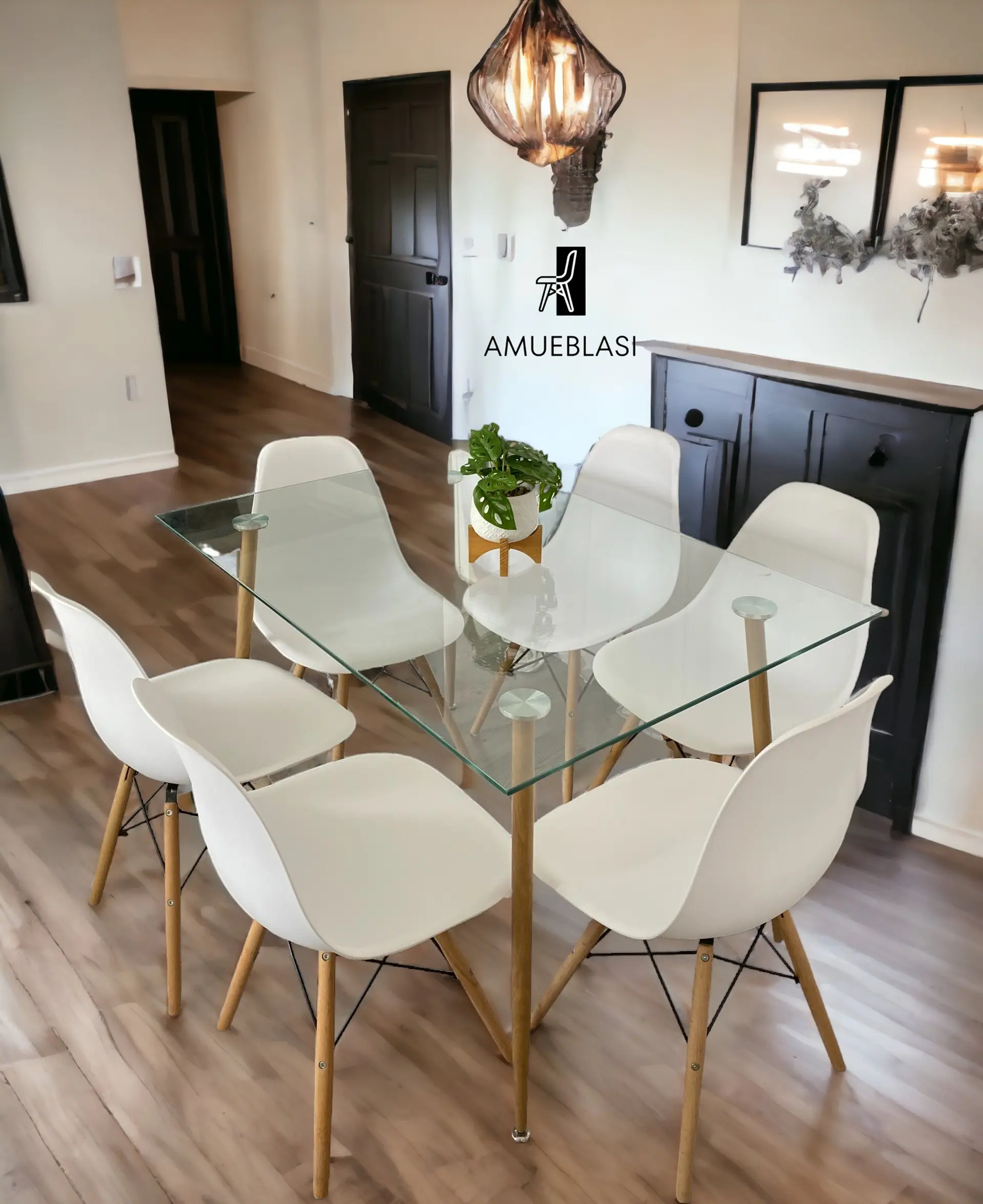Comedor Rectangular Vidrio Paris con Sillas Eames 2
