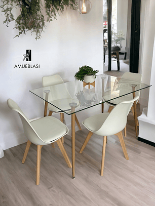 Comedor Mesa Rectangular Vidrio Paris 120x80 cm + Sillas Tulip