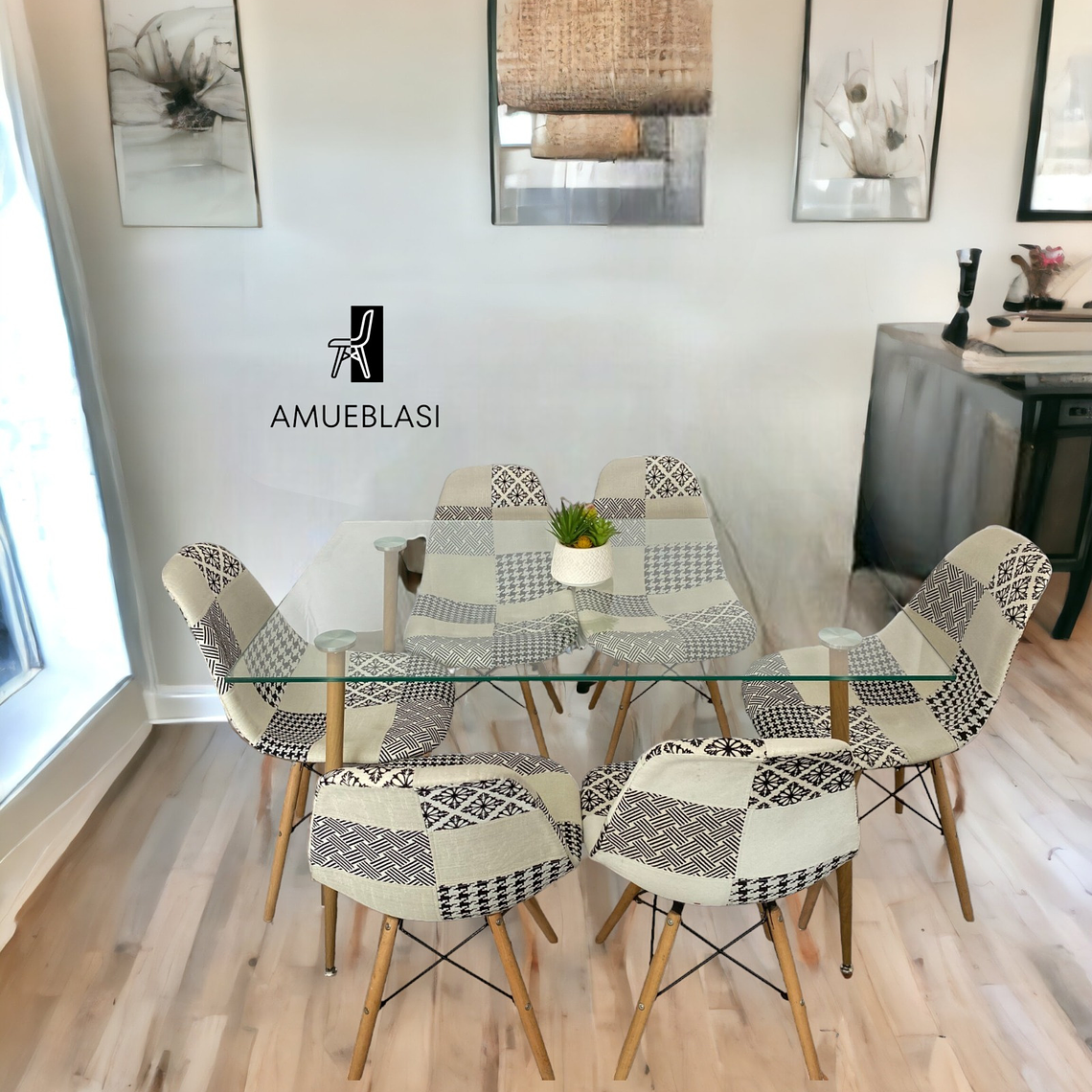 Comedor Mesa Rectangular Vidrio Paris 120x80 cm + Sillas Patchwork 5