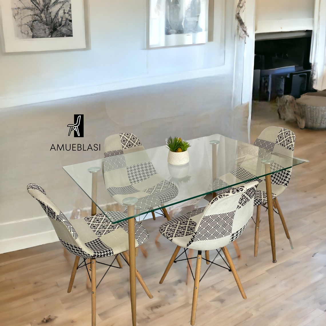 Comedor Mesa Rectangular Vidrio Paris 120x80 cm + Sillas Patchwork 2