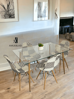 Comedor Mesa Rectangular Vidrio Paris 120x80 cm + Sillas Patchwork