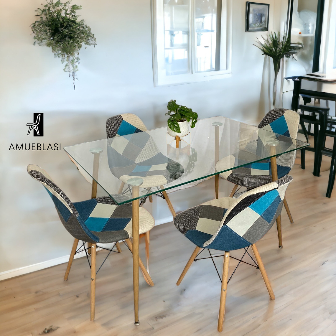 Comedor Mesa Rectangular Vidrio Paris 120x80 cm + Sillas Patchwork 3