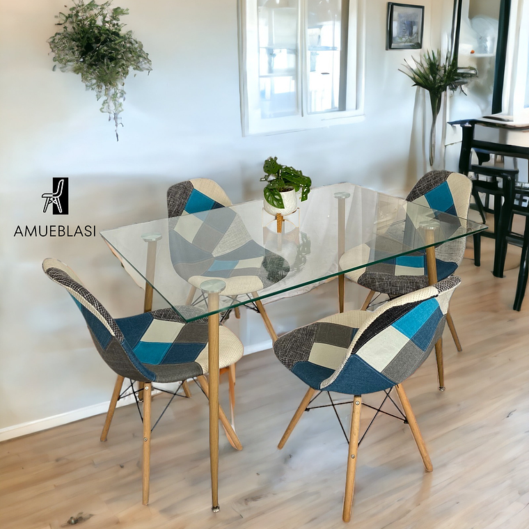 Comedor Mesa Rectangular Vidrio Paris 120x80 cm + Sillas Patchwork 3