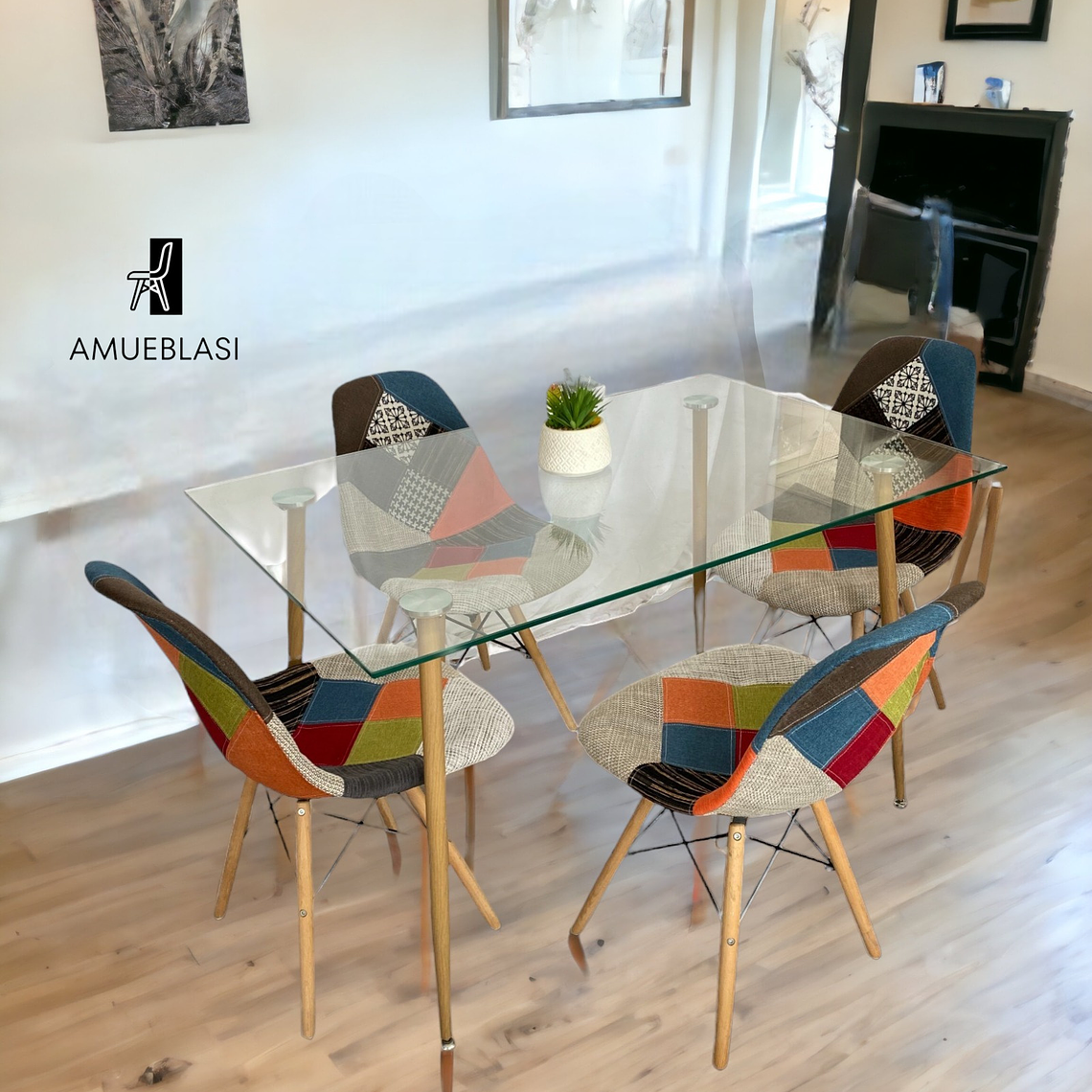 Comedor Mesa Rectangular Vidrio Paris 120x80 cm + Sillas Patchwork 1