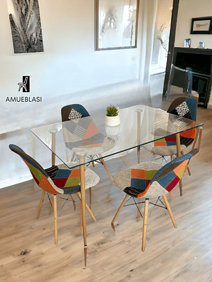 Comedor Mesa Rectangular Vidrio Paris 120x80 cm + Sillas Patchwork