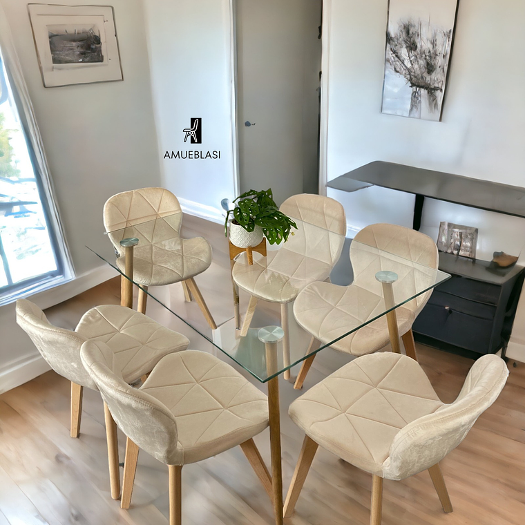 Comedor Mesa Rectangular Vidrio Paris 120x80 cm + Sillas Radar Velvet 1