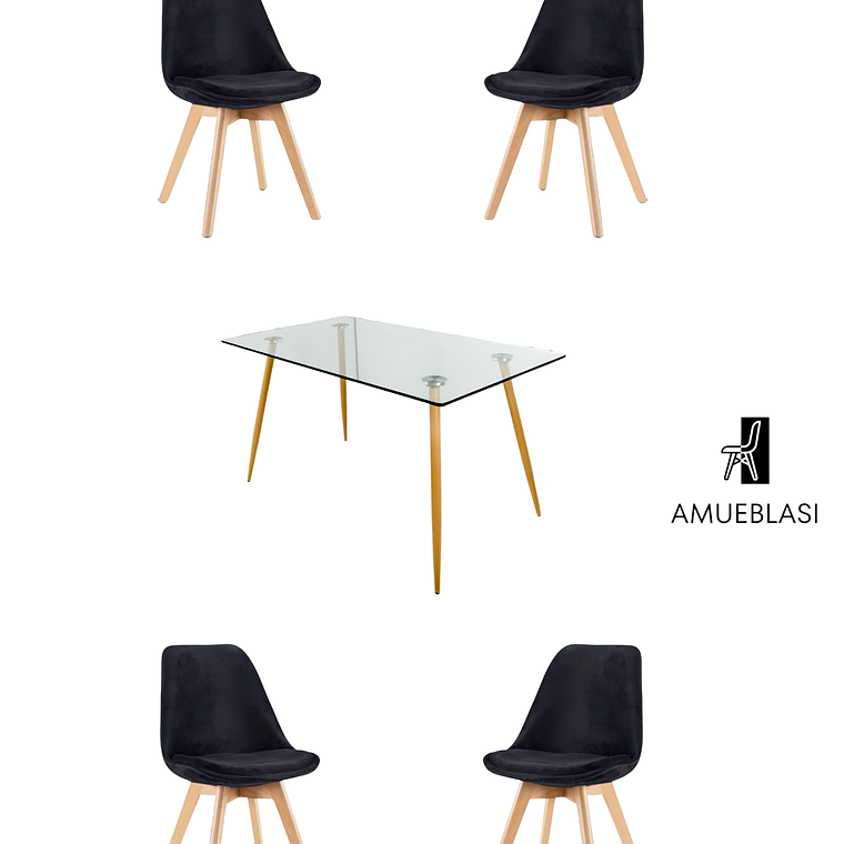 Comedor Mesa Rectangular Vidrio Paris 120x80 cm + Sillas Tulip Velvet 3
