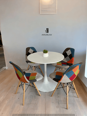 Comedor Mesa Redonda Tulip Blanca + Sillas Patchwork