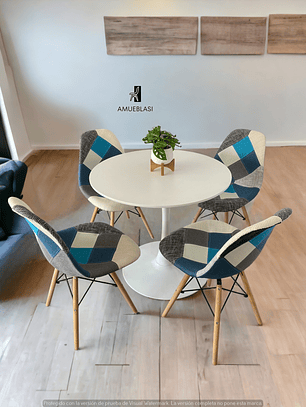 Comedor Mesa Redonda Tulip Blanca + Sillas Patchwork