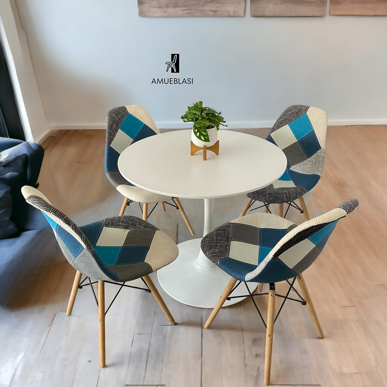 Comedor Mesa Redonda Tulip Blanca + Sillas Patchwork 1