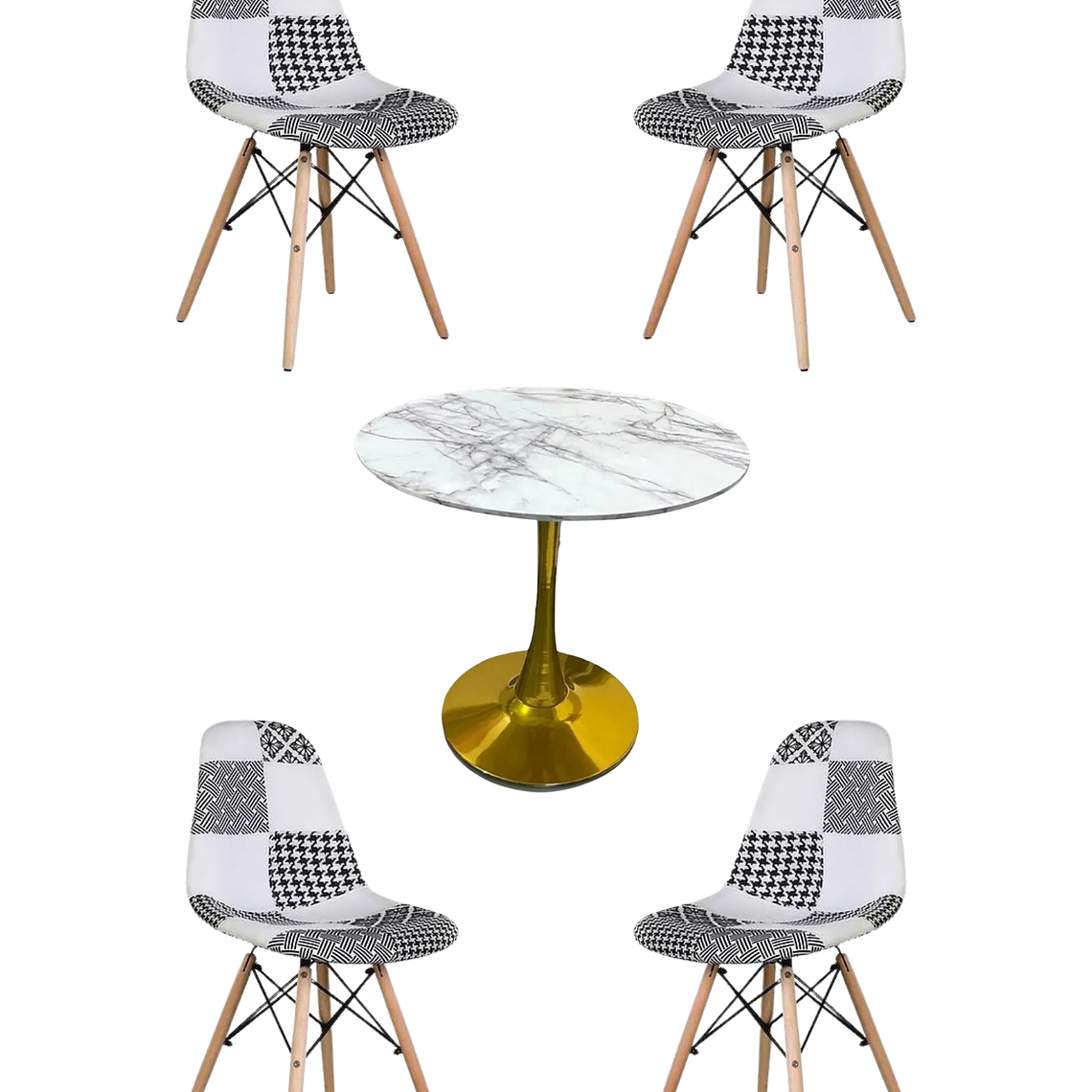 Comedor Mesa Tulip Golden + Sillas Patchwork 6
