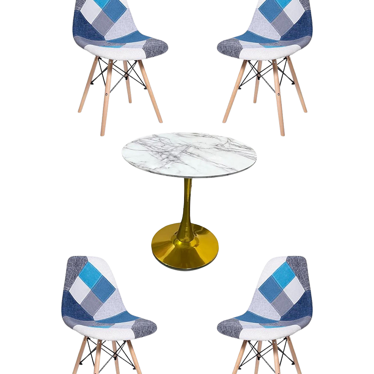 Comedor Mesa Tulip Golden + Sillas Patchwork 5