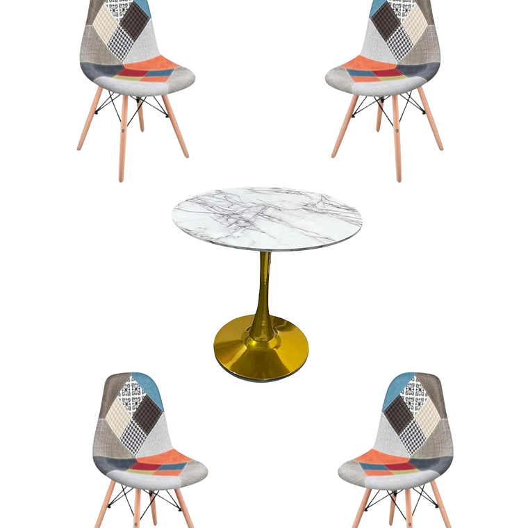 Comedor Mesa Tulip Golden + Sillas Patchwork 4