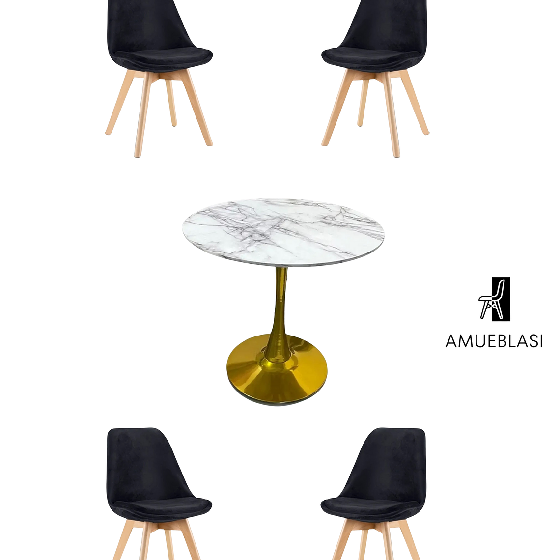 Comedor Mesa Tulip Golden + Sillas Tulip Velvet 2