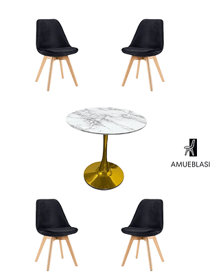 Comedor Mesa Tulip Golden + Sillas Tulip Velvet