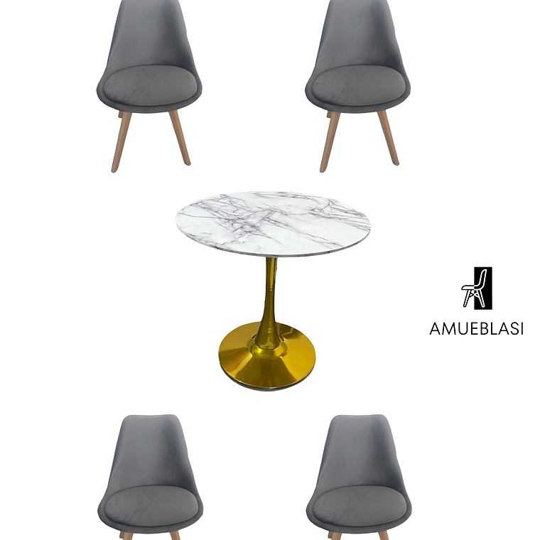 Comedor Mesa Tulip Golden + Sillas Tulip Velvet 1