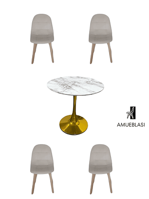 Comedor Mesa Tulip Golden + Sillas Capitone