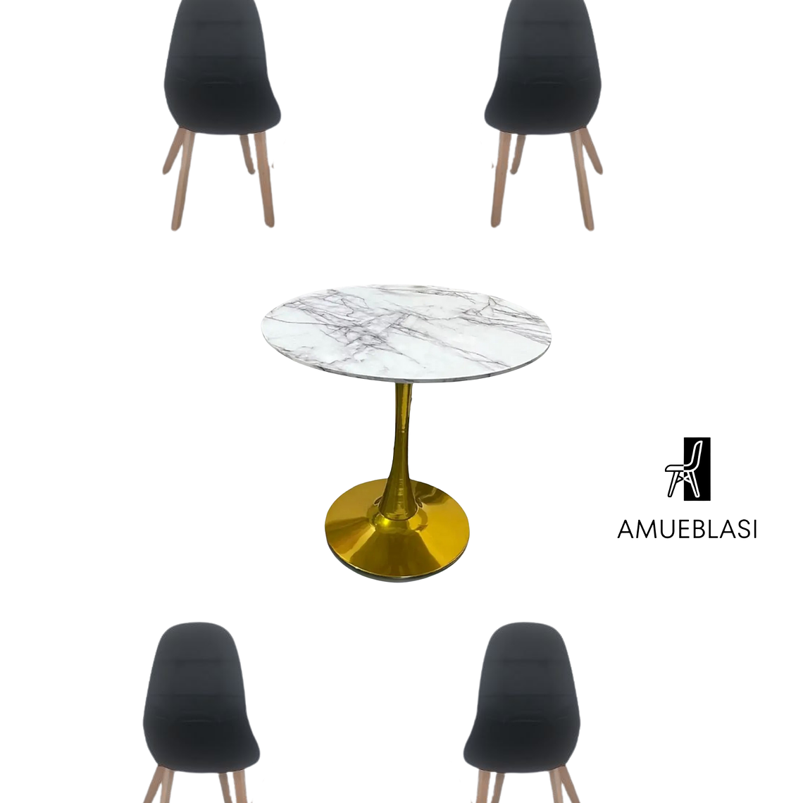 Comedor Mesa Tulip Golden + Sillas Capitone 2