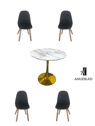 Comedor Mesa Tulip Golden + Sillas Capitone