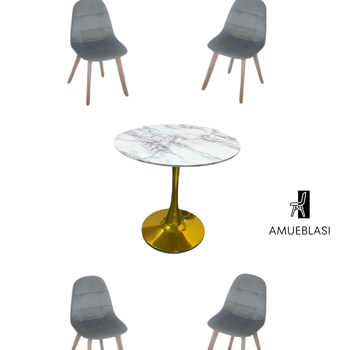 Comedor Mesa Tulip Golden + Sillas Capitone 4