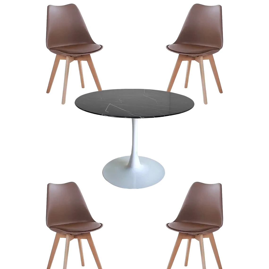 Comedor Mesa Redonda Tulip Cuarzo Negra + Sillas Tulip 4