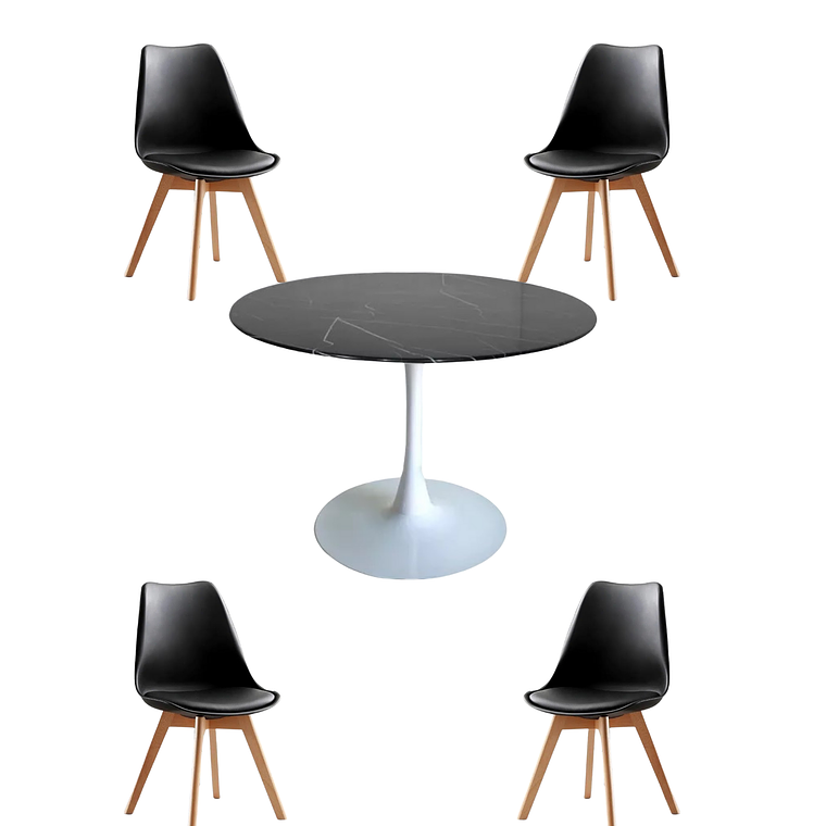 Comedor Mesa Redonda Tulip Cuarzo Negra + Sillas Tulip 6