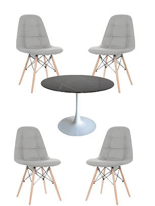 Comedor Mesa Redonda Tulip Cuarzo Negra + Sillas Buckle