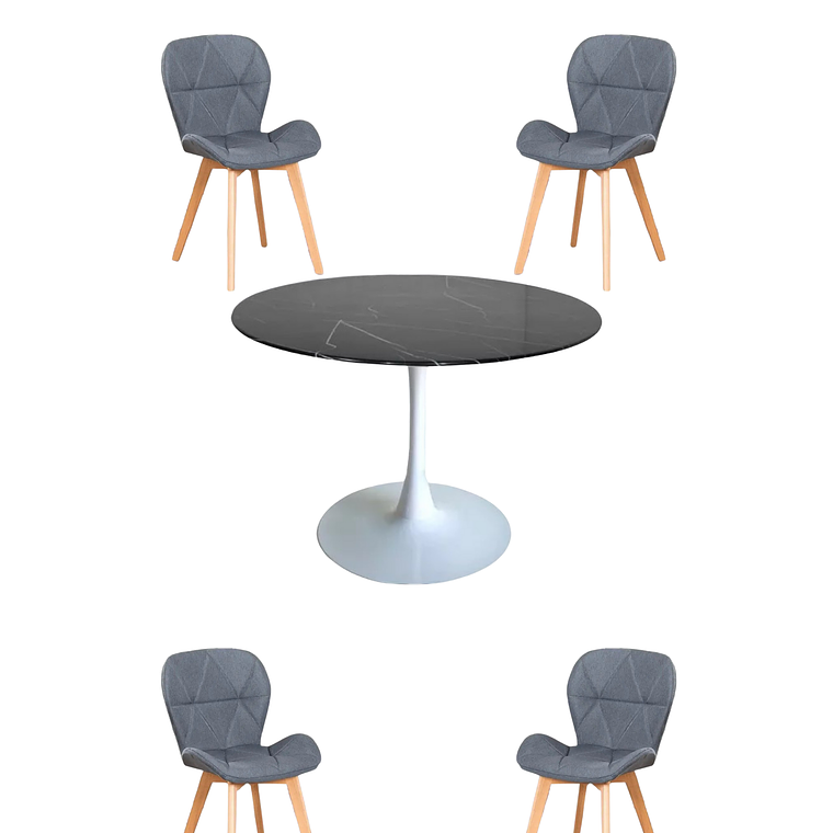 Comedor Mesa Redonda Tulip Cuarzo Negra + Sillas Radar Velvet 4